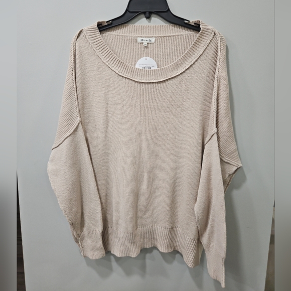 Miracle Sweaters - NWT Womens Miracle Beige Round Ribbed Neck Sweater Small Medium Oversized